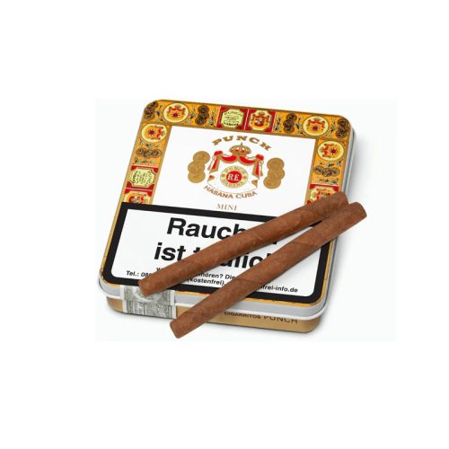 Cigar tin with two cigars resting on the lid; German warning text on the label is partly visible.