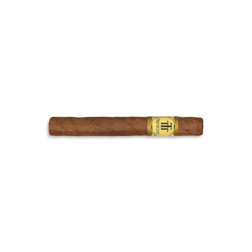 A brown cigar with a gold Trinidad band lying horizontally on a white background