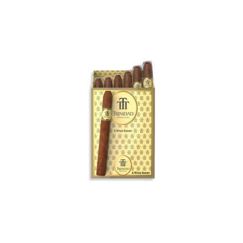 Pack of Trinidad cigars in gold-colored box with one cigar resting over the front, showcasing the logo and labeling.