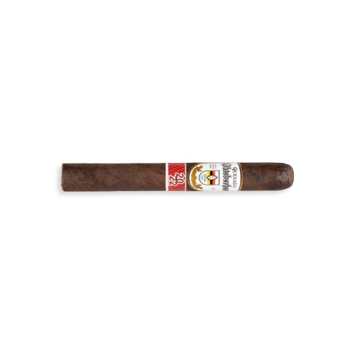 A single brown cigar with a white and red label resting on a white background, centered in the image.