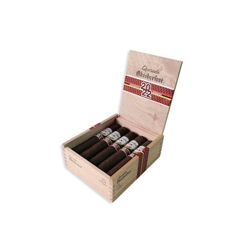 Open wooden cigar box with several cigars lined up inside, ready for smoking lockup style image for gifting or display.