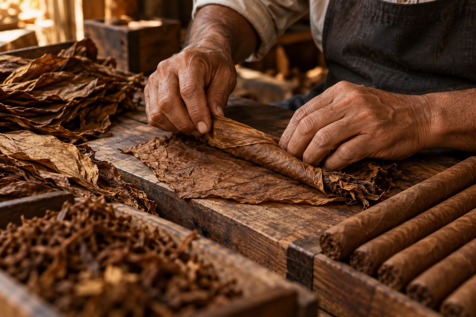 Experienced hands working with tobacco leaves