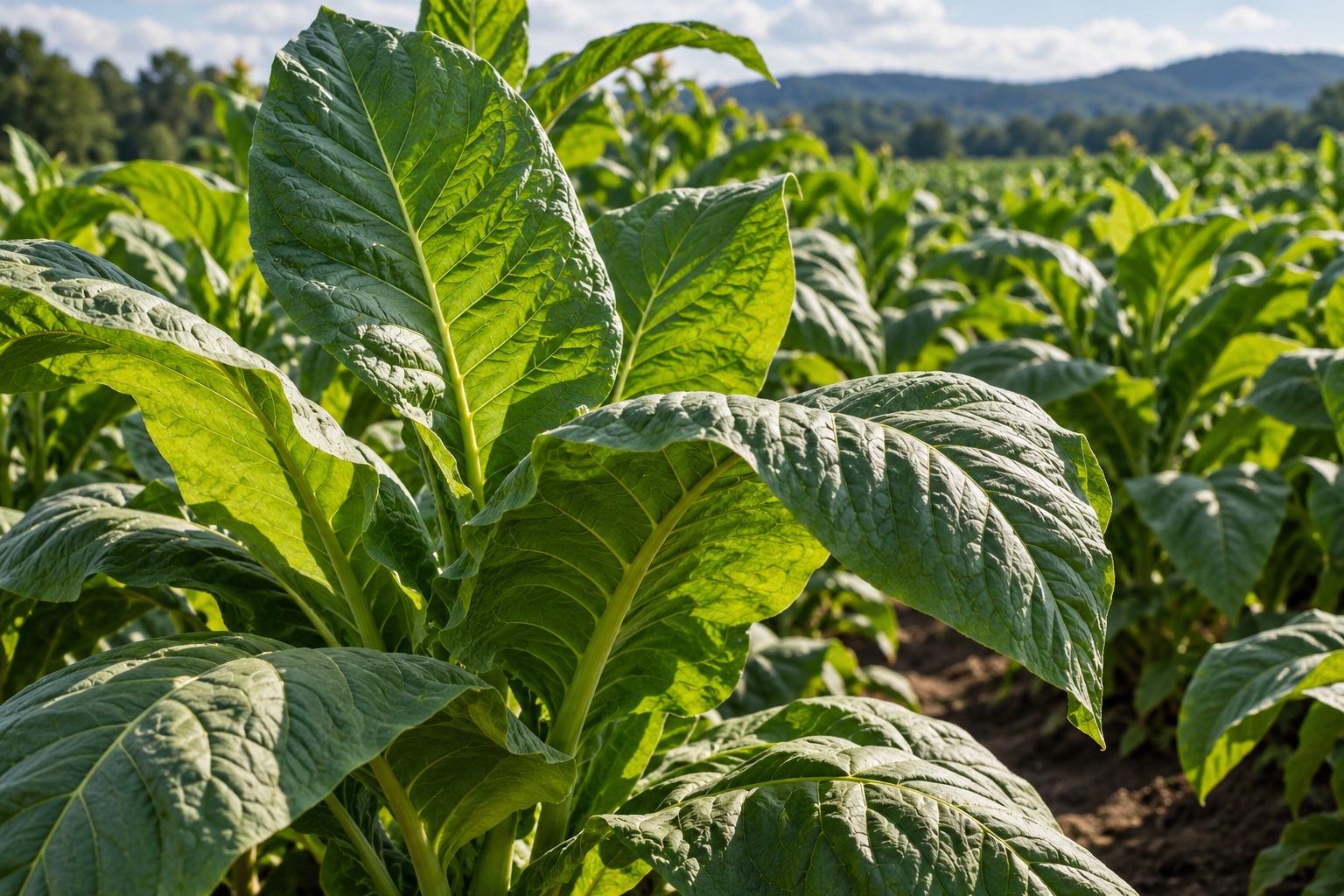 Fresh tobacco leaves growing in a field
